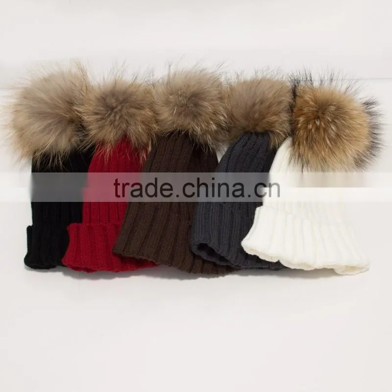 KH1214 Knitted full raccoon fur pompom wool hat