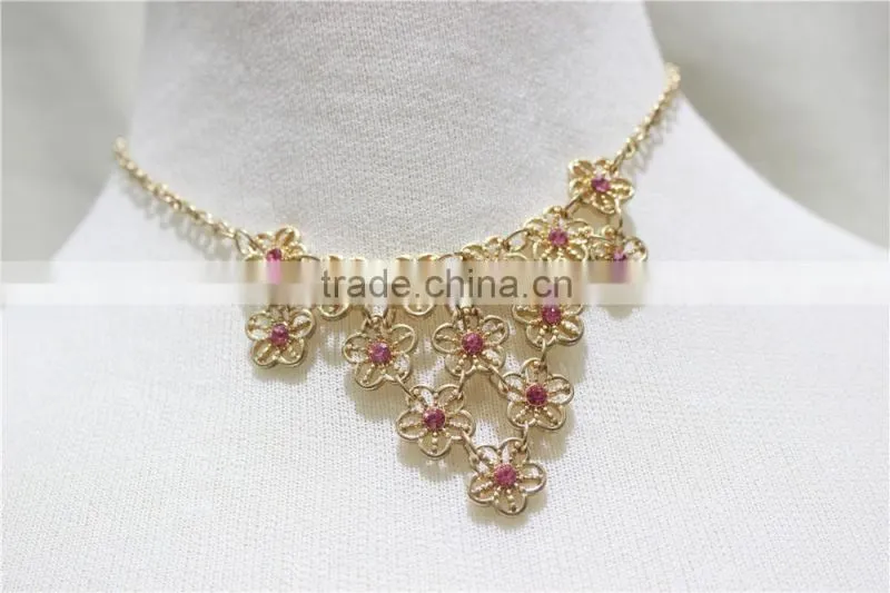 Gold Tiny Flowers w/Rose Diamond Jump-Ring Connected Necklace Simple Chain Gold Necklace2016 Fashion Style Wholesale
