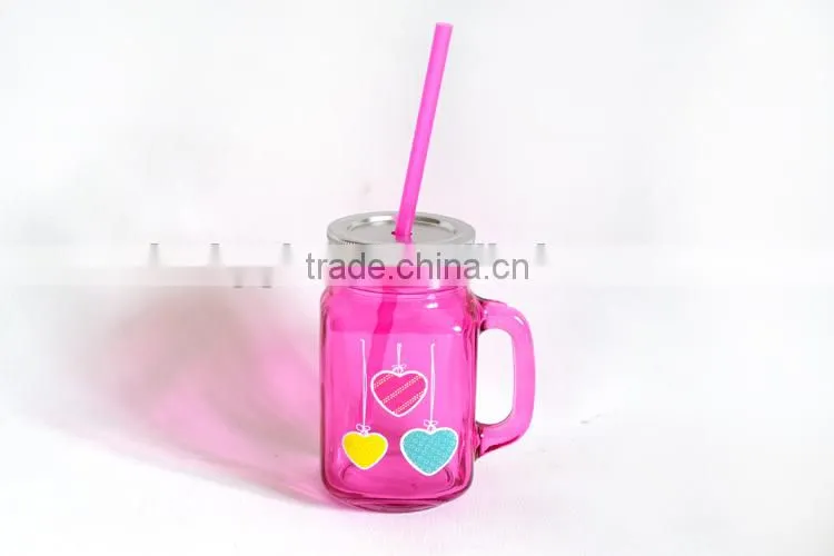16oz colored drinking glass mug with straw
