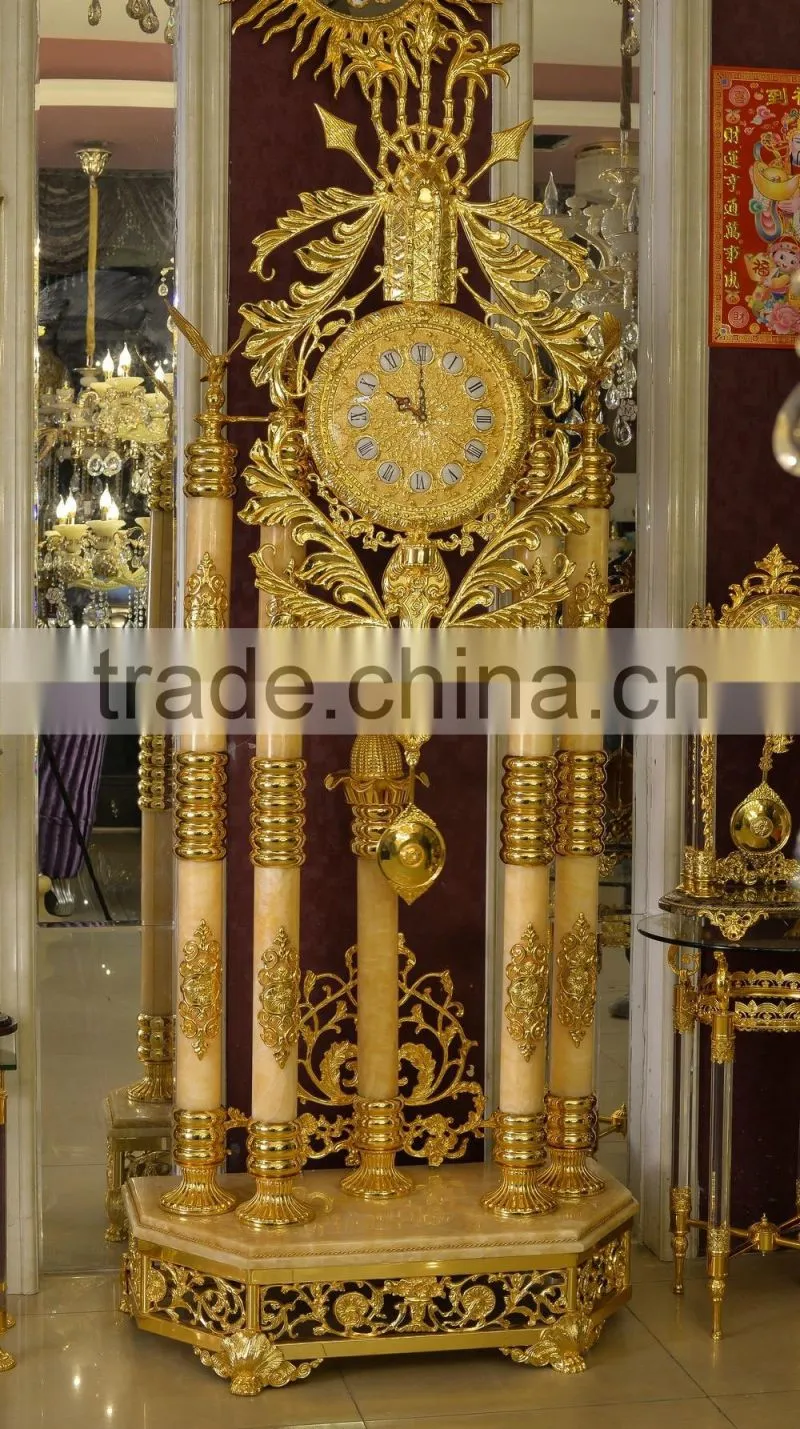 Onyx Tube Antique Grandfather Clock, Copper Mounted Clock, 24K Gold Pendulum Decorated Clock