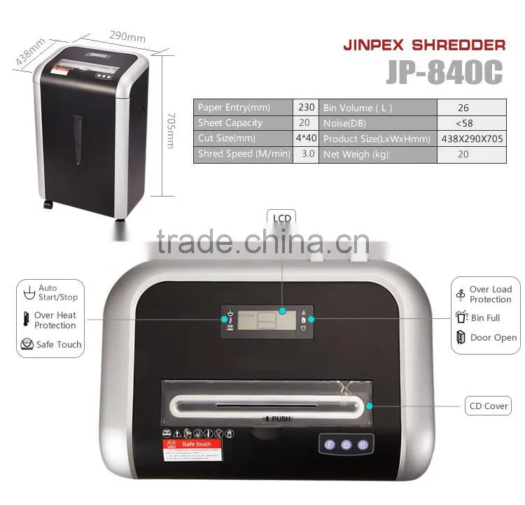 JP-840C cross cut paper shredder machine for Medium oiffcie use with LCD DISPLAY