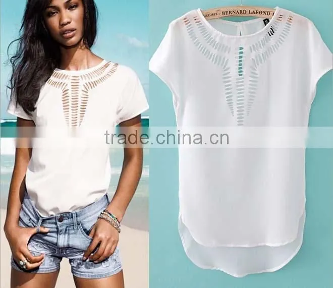 NEW 2015 summer Women's Clothing Blouses Shirts Chiffon Front Hollow Out Vintage Short Batwing Sleeve Shirt Top 6 Colors