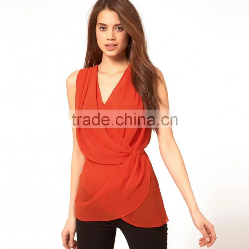 New Chiffon 2016 V Neck Women Blouses Slim Sleeveless Casual Vest Tops