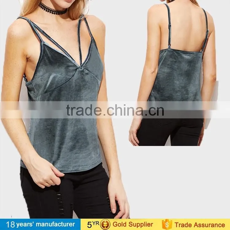 2017 Latest sexy sleeveless V Neck spaghetti strap summer wear design Velvet Camisole tops blouse for women