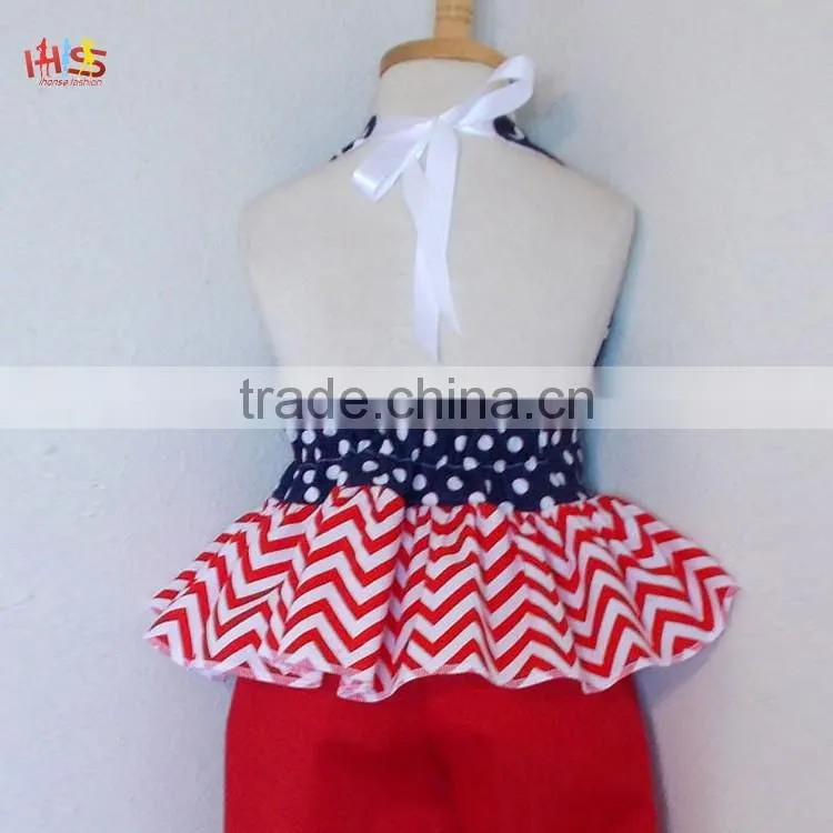 Red White and Blue Polka Dot and Chevrons Ruffled Pant Set Fashion Children Frocks Designs 2016 HSS7861