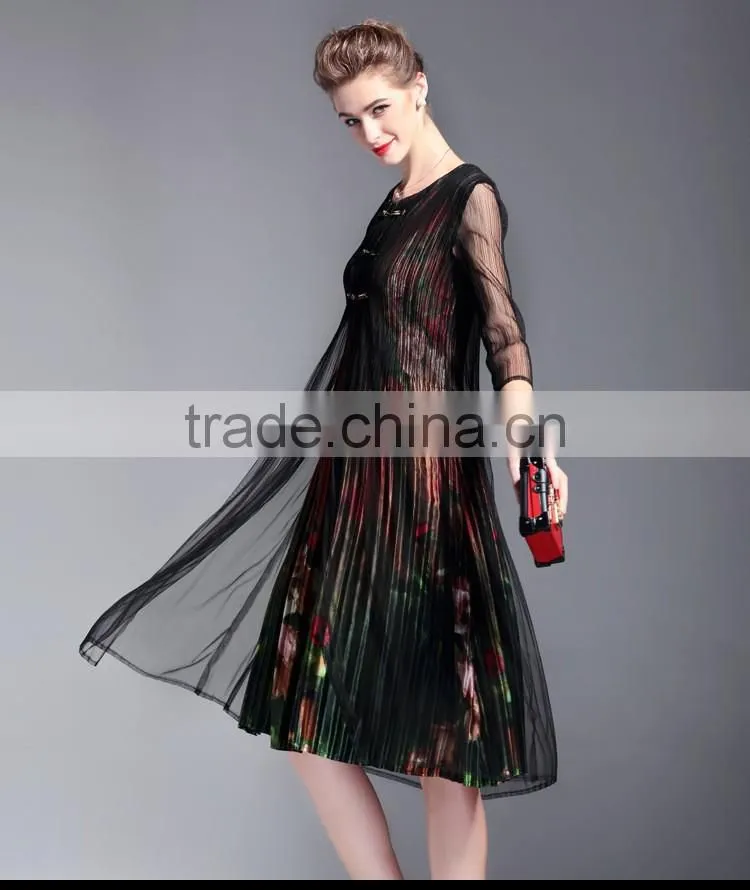 Grace flower printed false two pieces draped retro vintage dress for lady