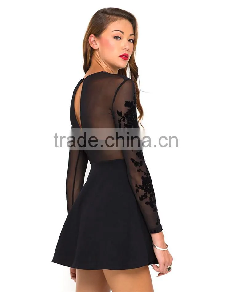 OEM fashion woman long sleeve black sexy open breast dress