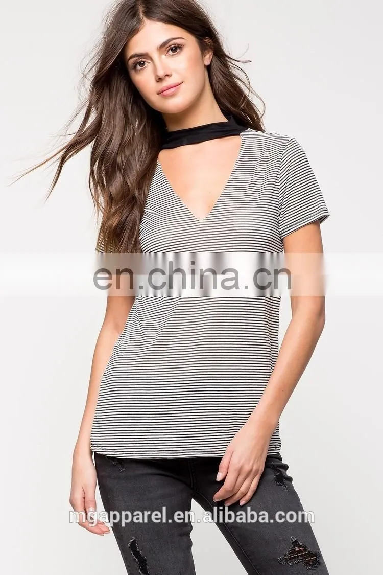 Custom wholesale V-neck and back cotton striped t shirt for women