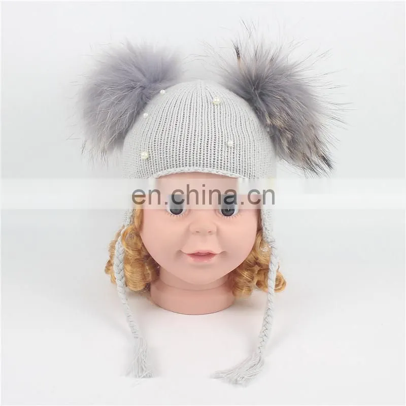 Wholesale Double Raccoon Fur Poms Cap Kids Hat With Fur Pom Pom