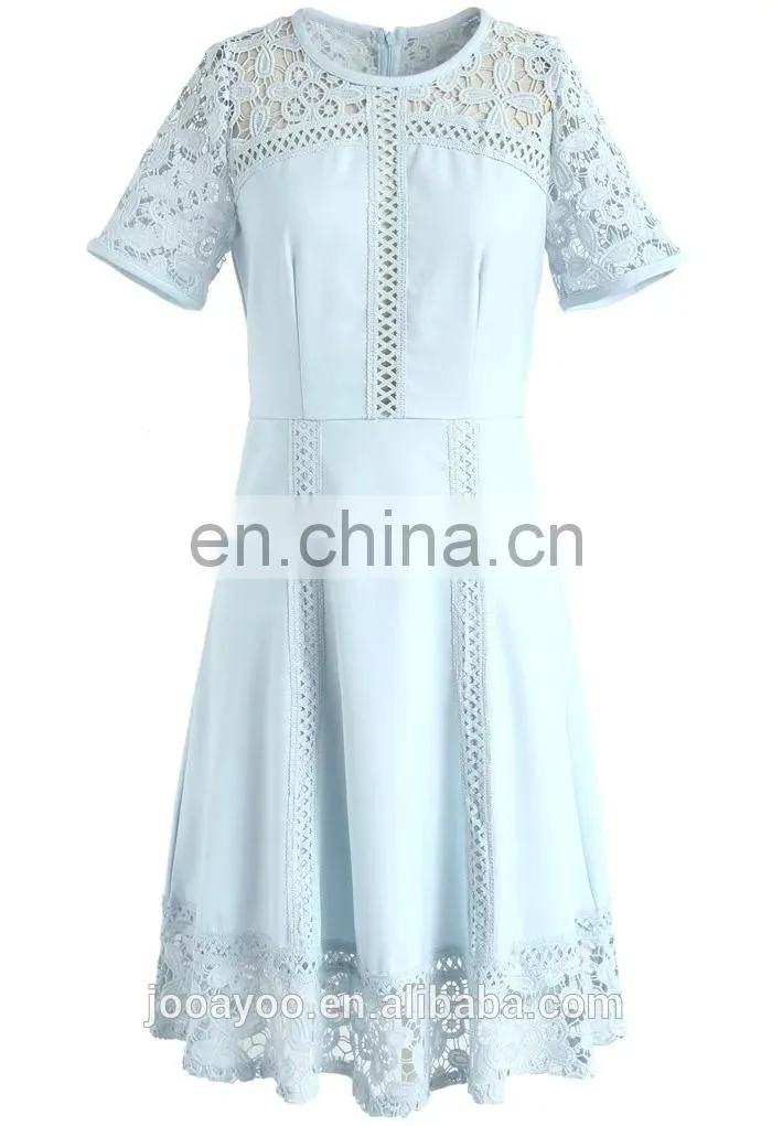 Women Elegant Short Sleeve Flower Lace Embroidered Crochet Dress in Blue