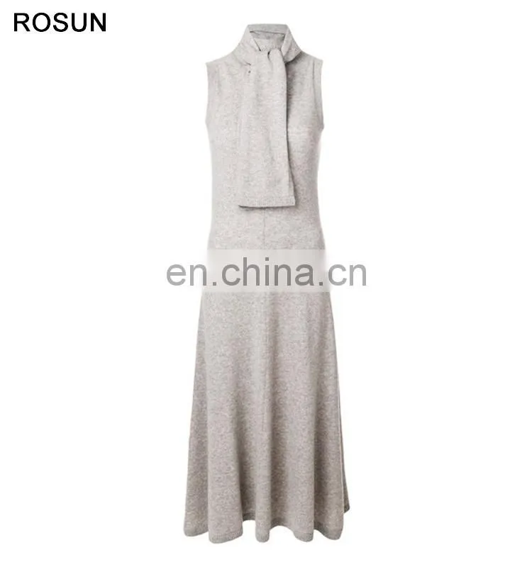 High Fashion Women 100% Wool Tie Neck Sweater Dress