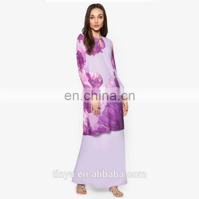 2017 Latest fashion print muslim dress modern cotton baju kurung malaysia islamic clothing
