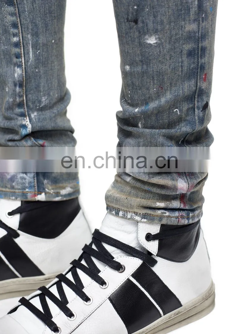 DiZNEW Indigo Dirty Damaged Paint Splash Denim Jeans For Men