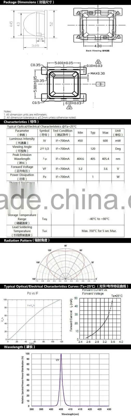 UVLED uv beads 1w led 5050 405nm with CE rohs LOW price