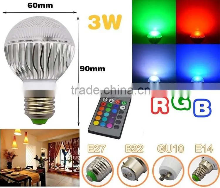3w RGB LED multi-color e27 led light bulb with remote