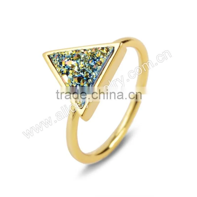 Fashion Druzy Triangle Geometric Crystal Druzy Ring Gold Filled Wholesale Gemstone Bezel Ring Supplier