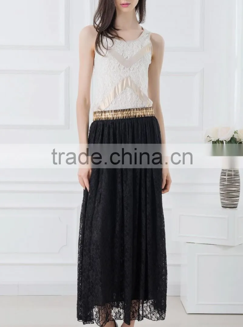 OEM Cheap price metalic lace suits designs tank tops with lace maxi skirt black woman casual wear