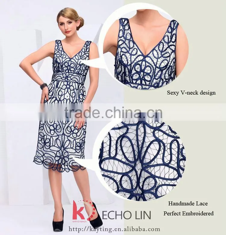 Sleeveless knee-length V-neck blue lace alibaba dresses