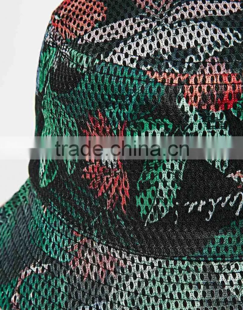Custom Print Bucket Hat Black Mesh Floral