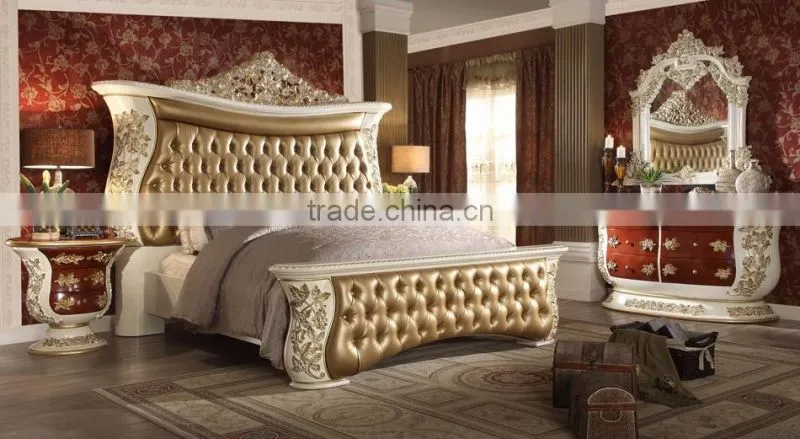 Bisini European Royal Wooden Decorated 5PCS Bedroom Set/Luxury Hand Carved Bedroom Furniture For Presidential Suite (MOQ=1 SET)