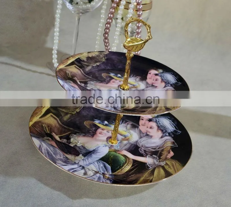 Two layers horse painting ceramic dessert tray