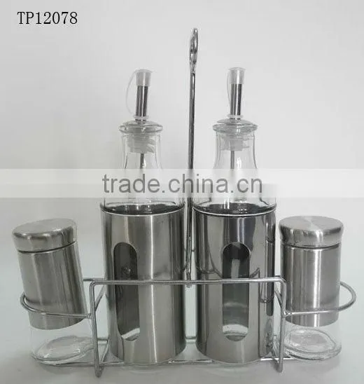 silver metal coating cylinder glass spice jar set with frame