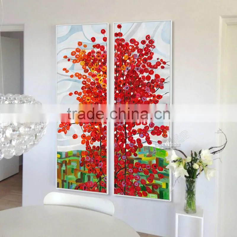Wall Art 2 Panel Red Tree Oil Canvas Painting Abstract Scenery Picture For Living Room Wall Decor Oil Paintings Framed Stretc