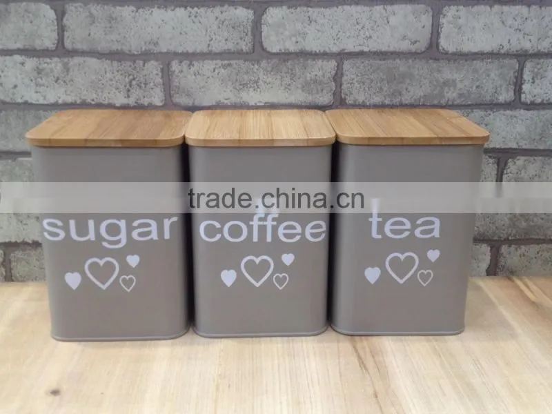 New customized pattern kitchen metal caddy tea sugar coffee canister jar with bamboo lid