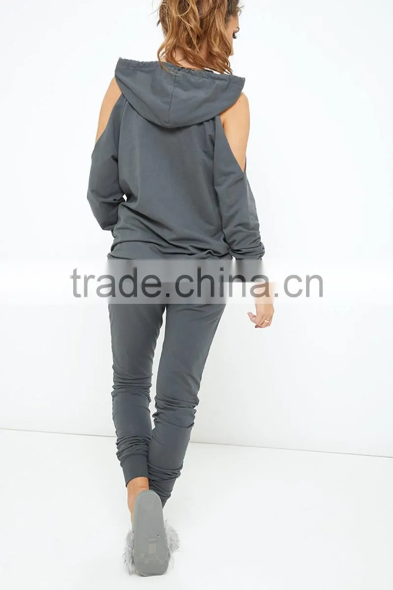 Fashion New Design Sports Sets Cold Shoulder Tops Drawstring Waist Cotton Knit Loungewear High Quality Tracksuits For Adult