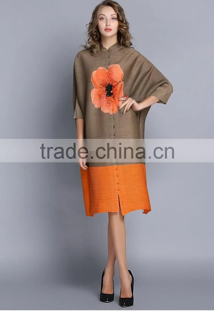 Latest design woman button flower printed crinkled dress
