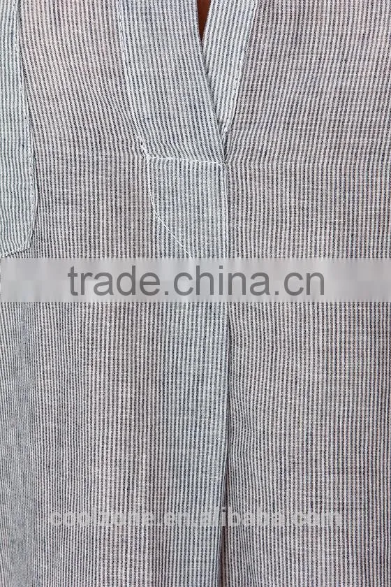 Loose short sleeve with pocket striped design lady blouse