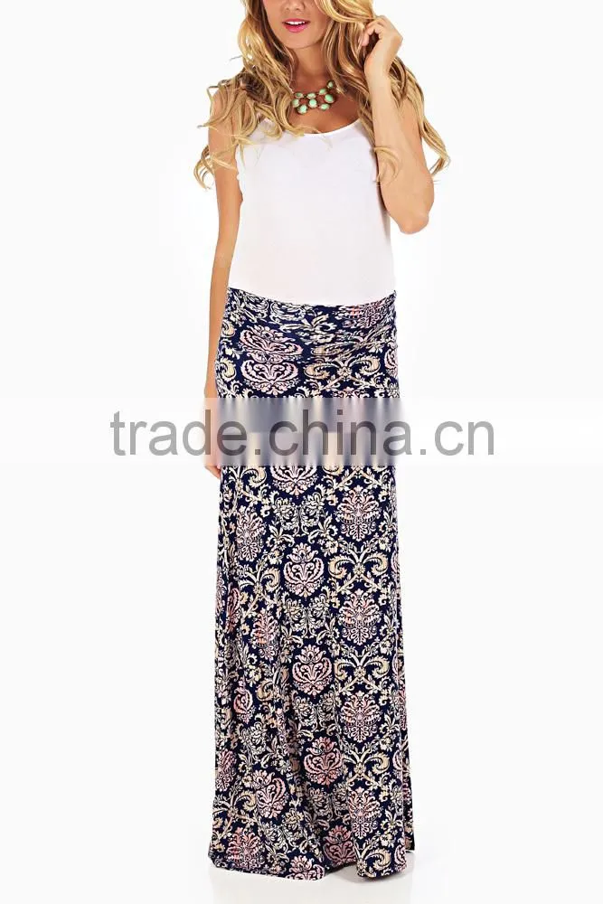 PLUS SIZE CLOTHING NAVY BEIGE PINK DAMASK PRINTED MATERNITY MAXI SKIRT
