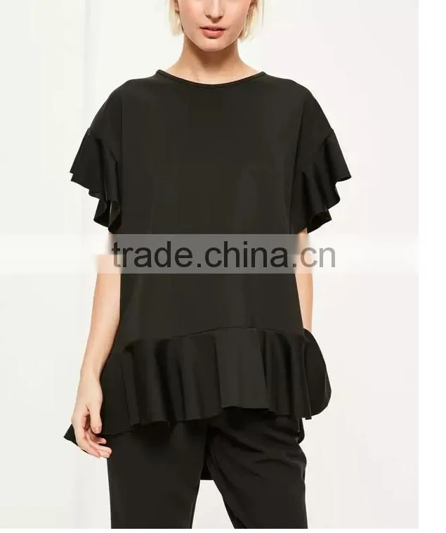 Hot selling custom pink short sleeve frill trim new design t shirts