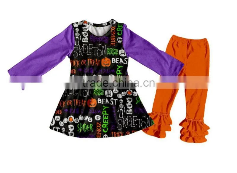 2017 kids halloween clothing designer 100%cotton pumpkin appliqued outfit chevron ruffle pant sets