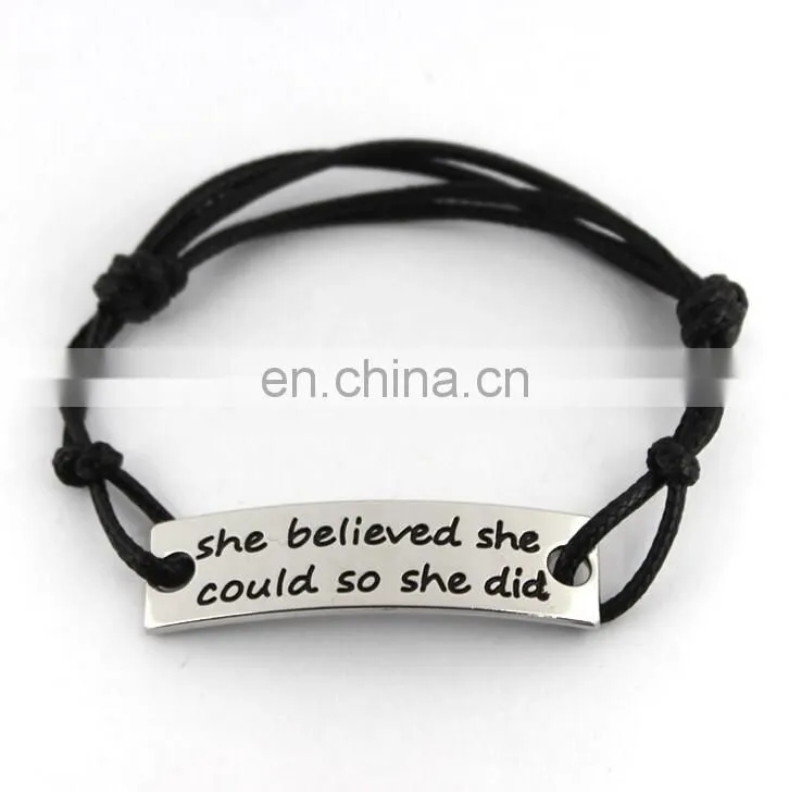 High quality stainless steel jewelry fashion bracelet customerized engrave messages leather bracelet
