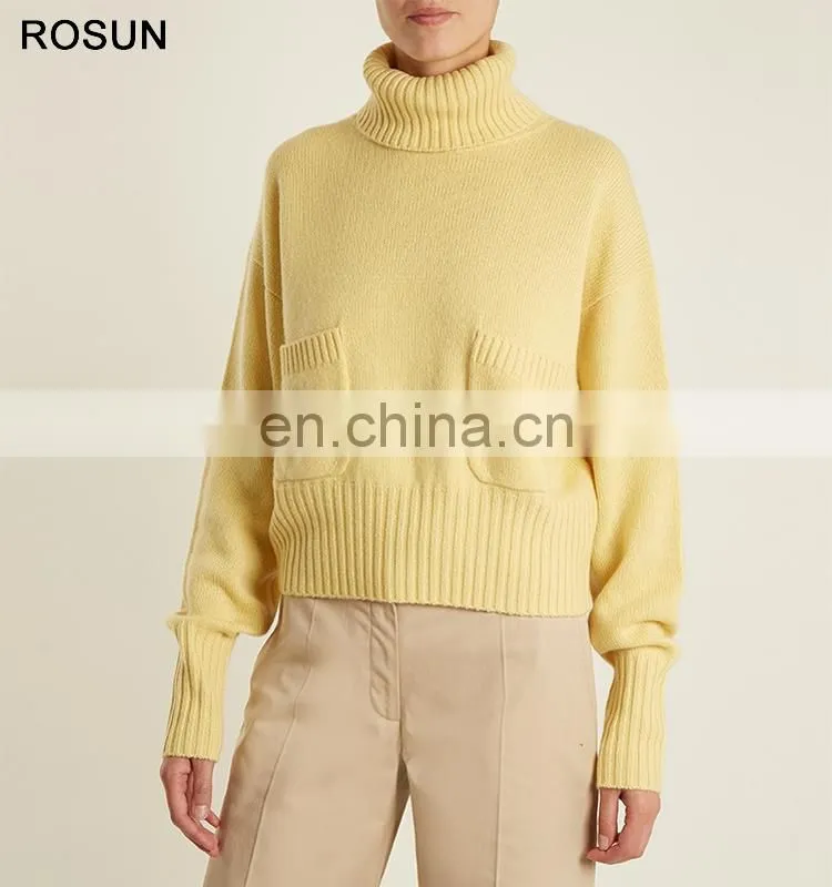 Yellow Mid Weight Roll Neck Patch Pocket Chunky Knit Sweater