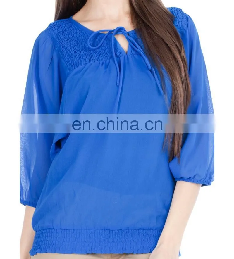 2015 Blue Top With Smocking And Tie-up women blue floral print tie-up top
