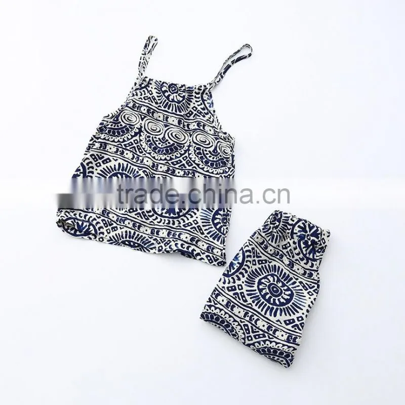 Summer Children Girl Clothes Set China Blue And White Strapless 2pcs Clothing Sets