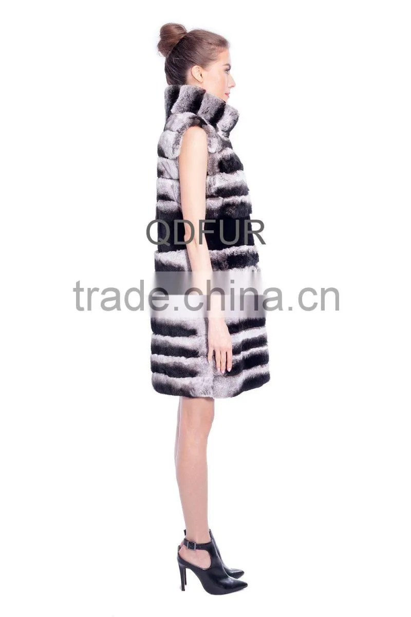 QD80159 Winter Women Long Real Rex Rabbit Fur Vest Printed Chinchilla Color