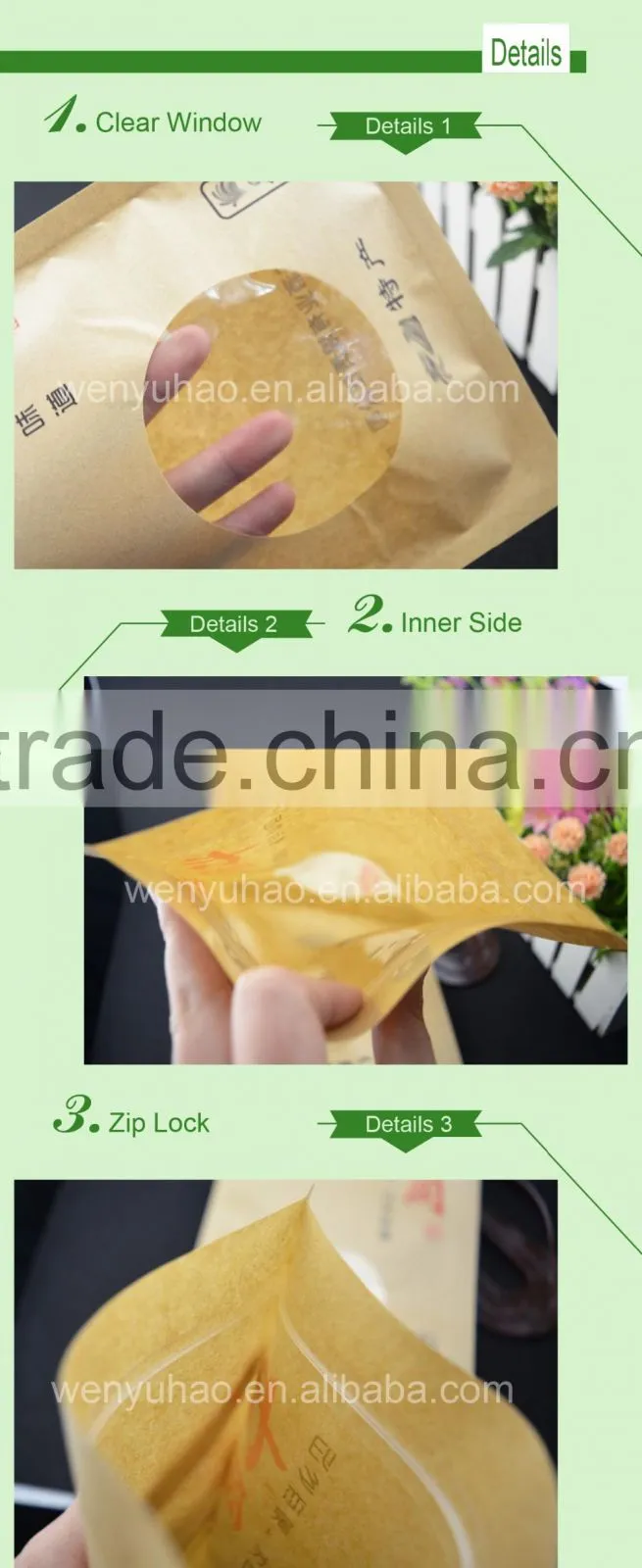 resealable zipper plastic bag / food grade kraft paper custom vacuum food bag