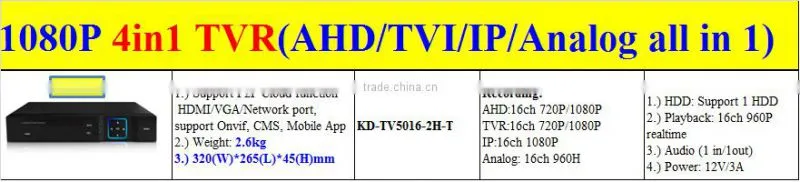 NEW 16CH TVI DVR support IP/AHD/Analog/TVI Camera KD-TV5016-2H-T