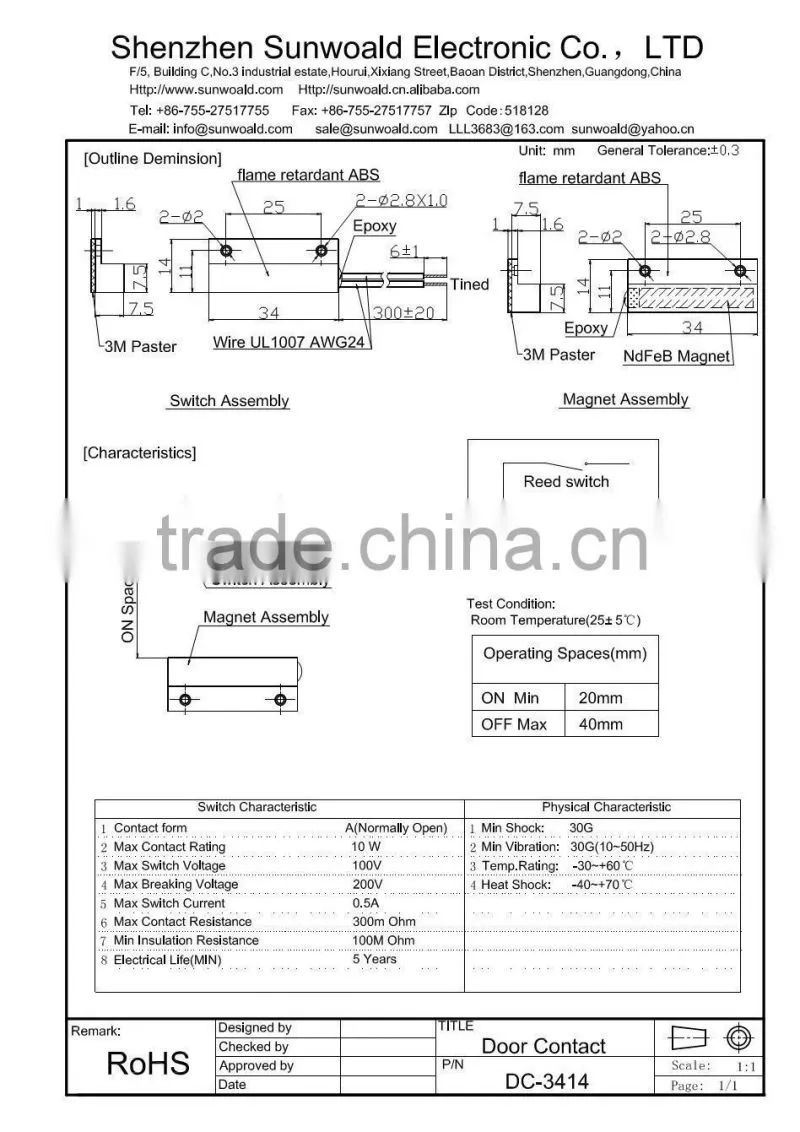 ABS Magnetic Door Contact Switch Proximity switch