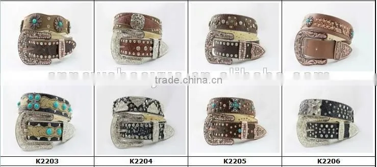 2016 Best Seller Scallop Western Rhinestone Leather Belt With Turquoise Concho