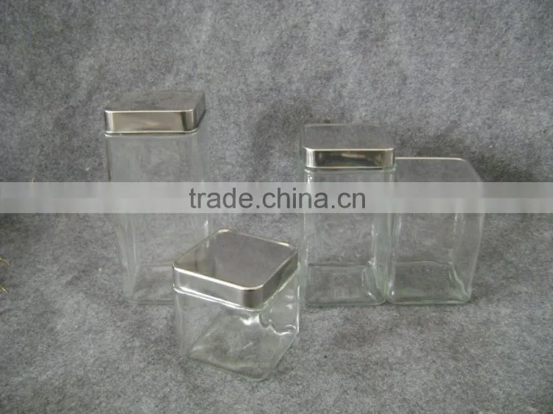 Clear square glass jar with metal lid
