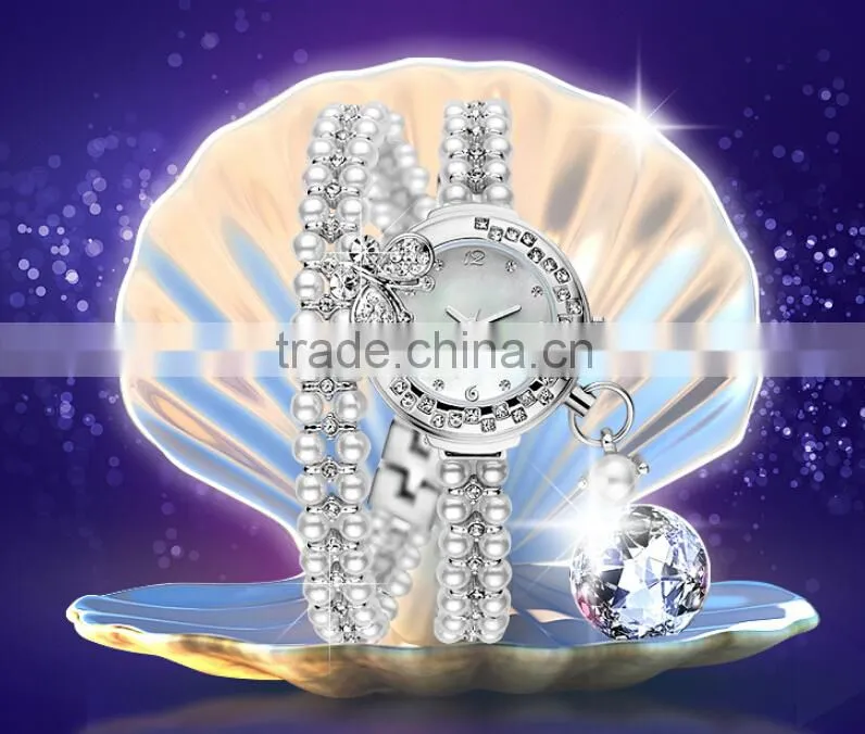 Fashin Alloy Chain Watch 2 Circles Rectangle Pearl Crystal Case Bracelet Luxury ladies Watches