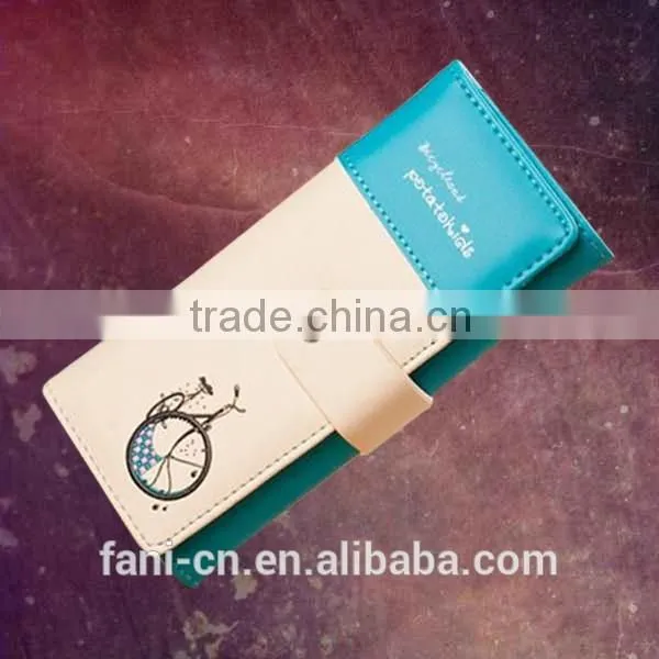 2015 hot selling handmade leather wallets with bicycle printing design for woman