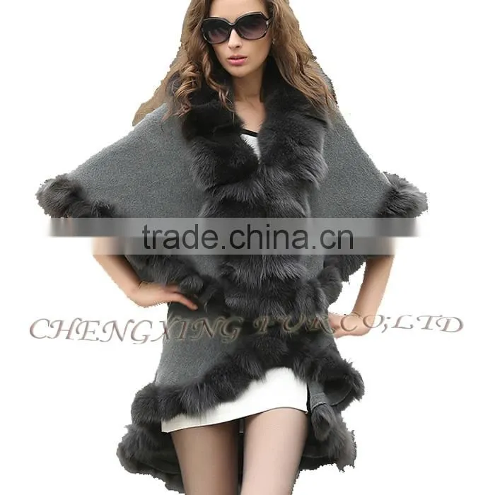 CX-B-P-45A Latest New Design Cashmere And Fox Fur Trim Cape