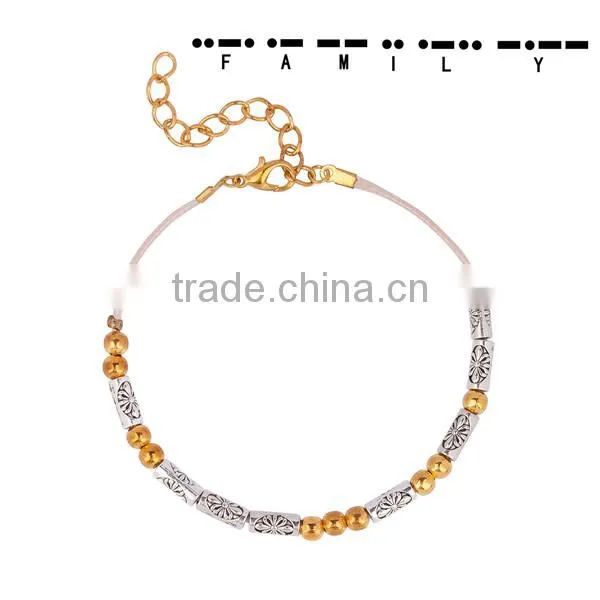 Light Beige Terylene Cord Gold Plated Copper Morse Code " FAMILY " Bracelets
