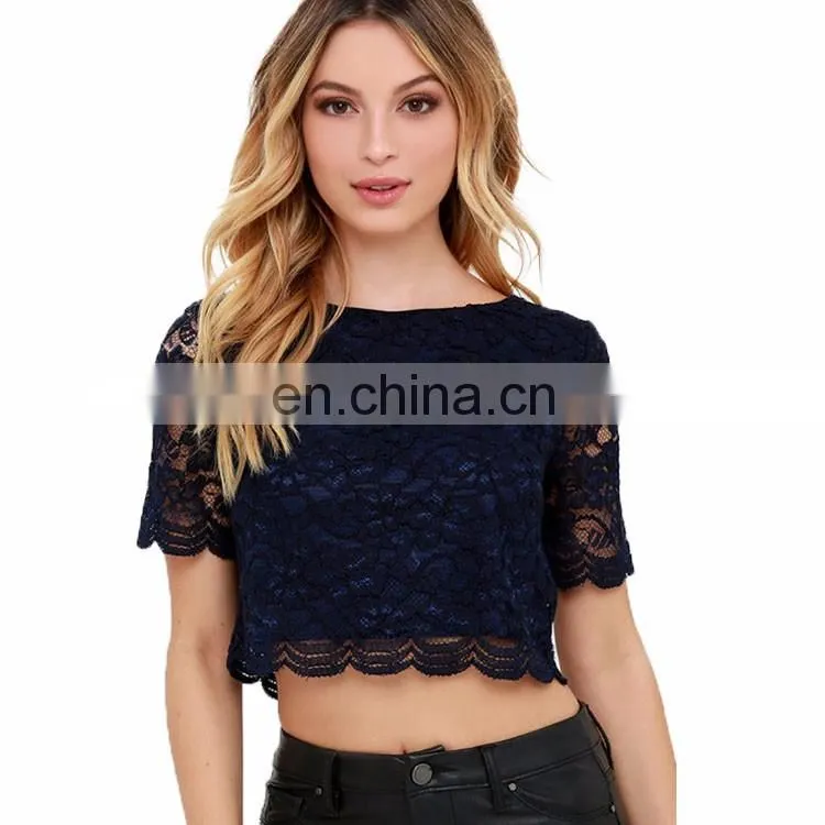 Custom Design Round Neck Navy Blue Floral Ladies Tops Short Sleeve Lace Ladies Sexy Crop Top