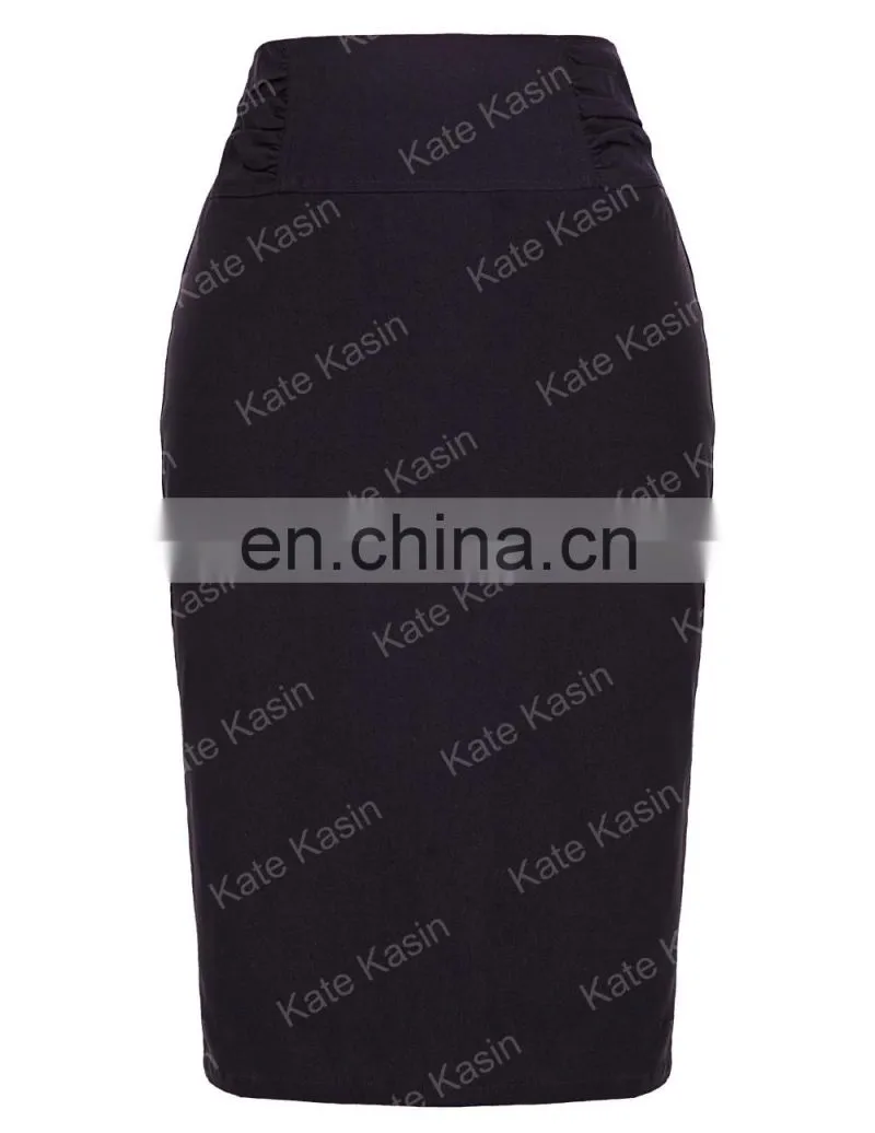 Kate Kasin High Stretchy High Waist Shirred Waist Detail Hips-Wrapped Black Pencil Skirt KK000268-1